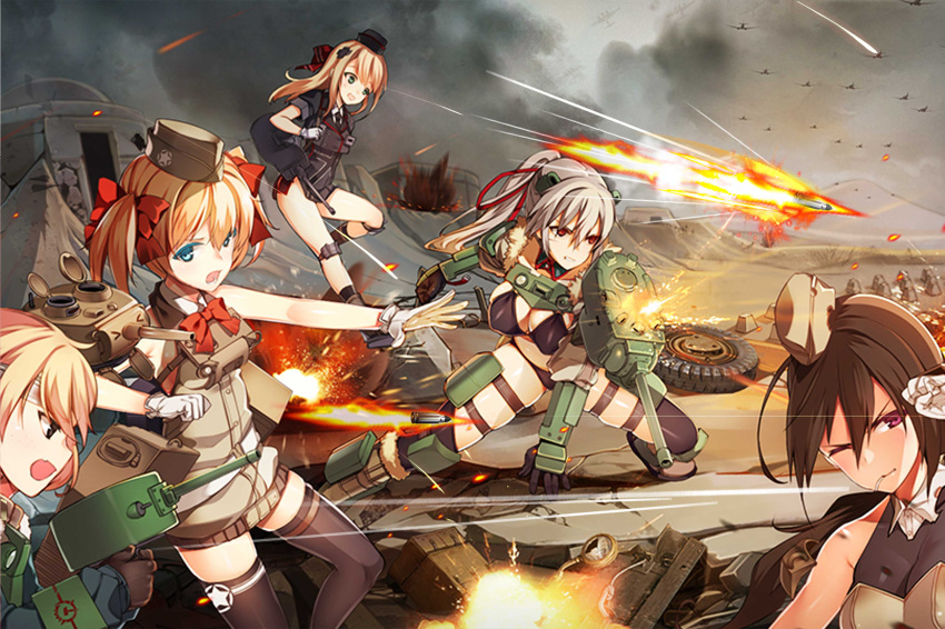 5girls, absurdres, bare_legs, battle, bikini_top, black_legwear, blonde_hair, bullet