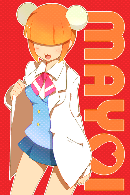 1girl, :3, acchi_kocchi, asapaa, blush, breasts, character_name, commentary_request, hair_over_eyes, heart, katase_mayoi, labcoat, open_mouth, orange_hair, school_uniform, short_hair, skirt, solo