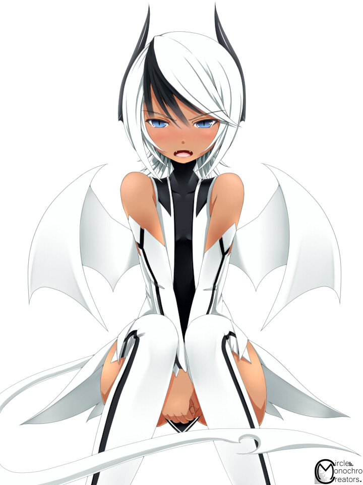 1girl, bat_wings, black_hair, blue_eyes, blush, dark_skin, demon_girl, fangs