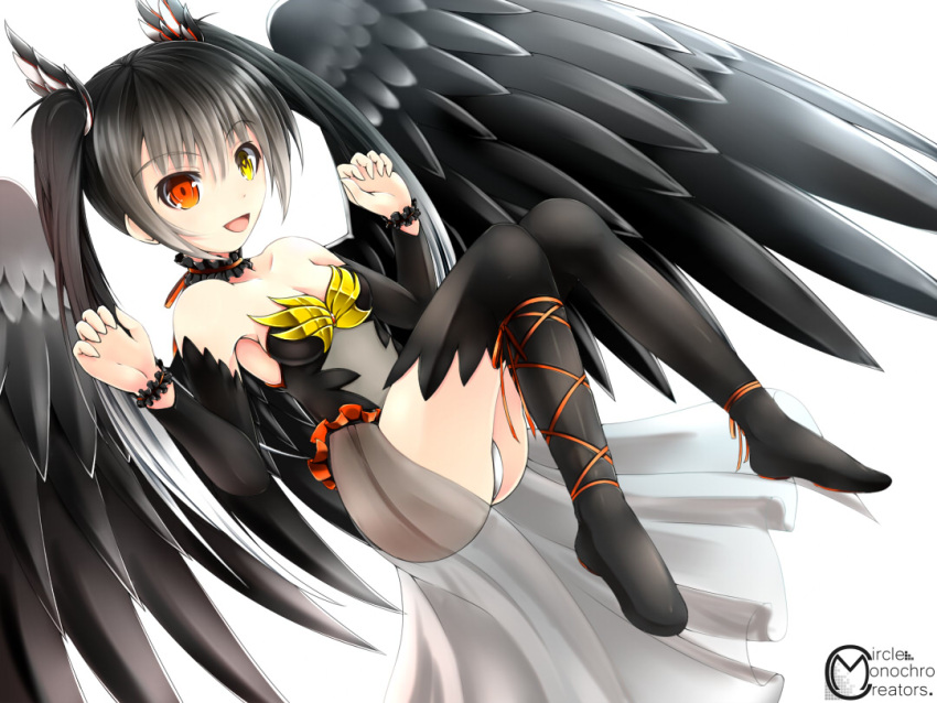 1girl, angel, angel_wings, black_hair, black_wings, bracelet, breasts, choker