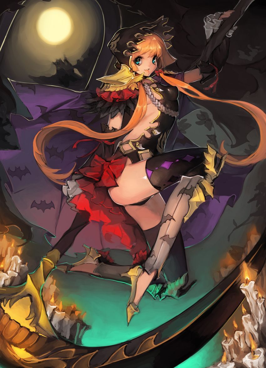 1girl, absurdres, aqua_eyes, armor, barogagi_(dlwnsrb007), bat_print, bow, candle, cape, detached_sleeves, frills, halloween, high_heels, highres, long_hair, moon, orange_hair, scythe, solo, thigh-highs, very_long_hair, weapon