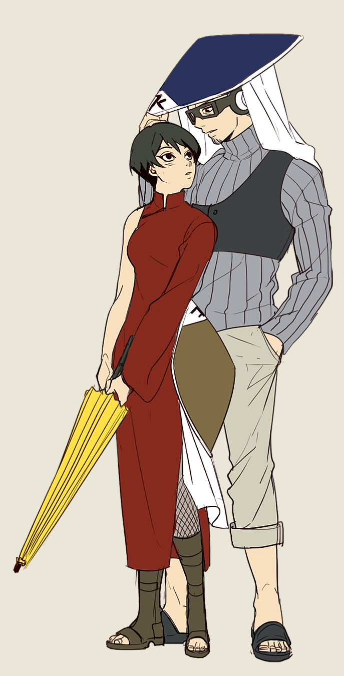 1boy, 1girl, artist_request, beige_background, black_hair, blue_hair, china_dress, chinese_clothes, choujuurou, facial_hair, goggles, hat, highres, kurotsuchi_(naruto), naruto, oriental_umbrella, short_hair, simple_background, sketch, stubble, umbrella