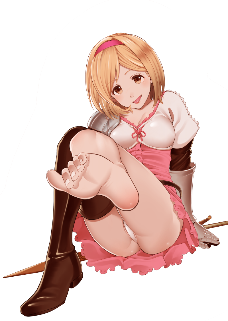 1girl, barefoot, blonde_hair, boots, brown_eyes, djeeta_(granblue_fantasy), feet, gauntlets, granblue_fantasy, hairband, nagashii_kouhei, panties, single_shoe, skirt, solo, thigh-highs, thigh_boots, tongue, underwear