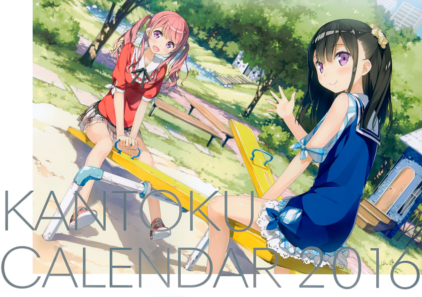 2girls, :d, absurdres, bangs, bare_legs, bare_shoulders, bench, black_hair
