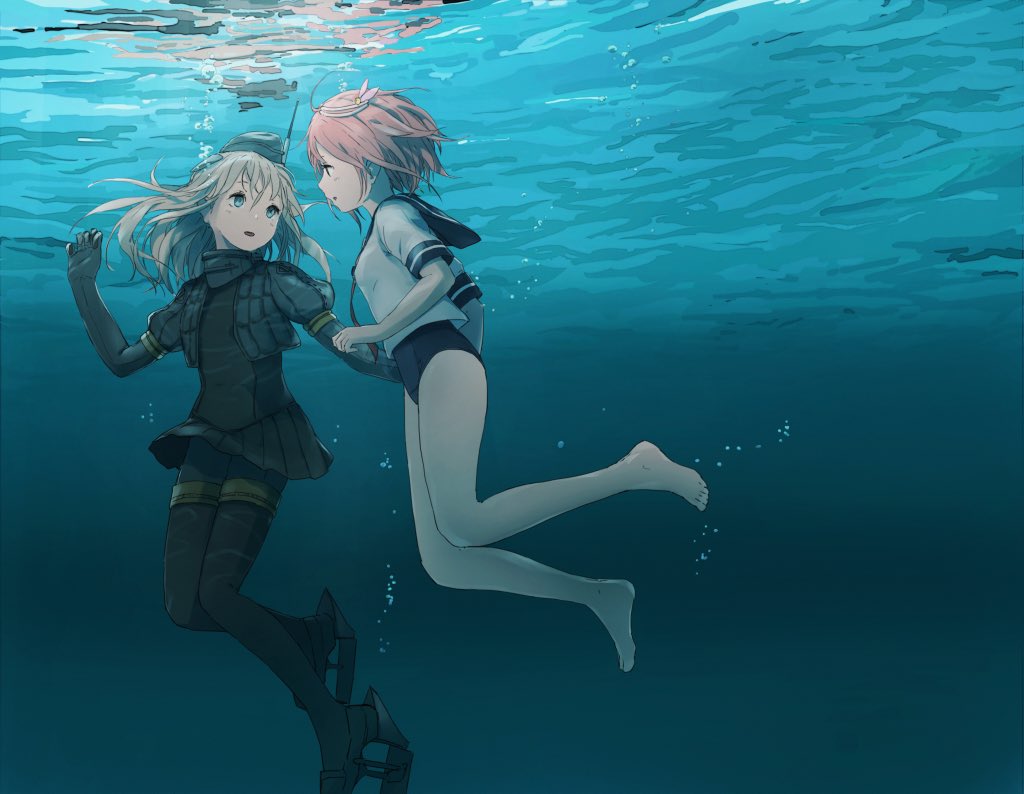 2girls, air_bubble, anklet, bare_legs, barefoot, black_jacket, black_shoes, black_skirt