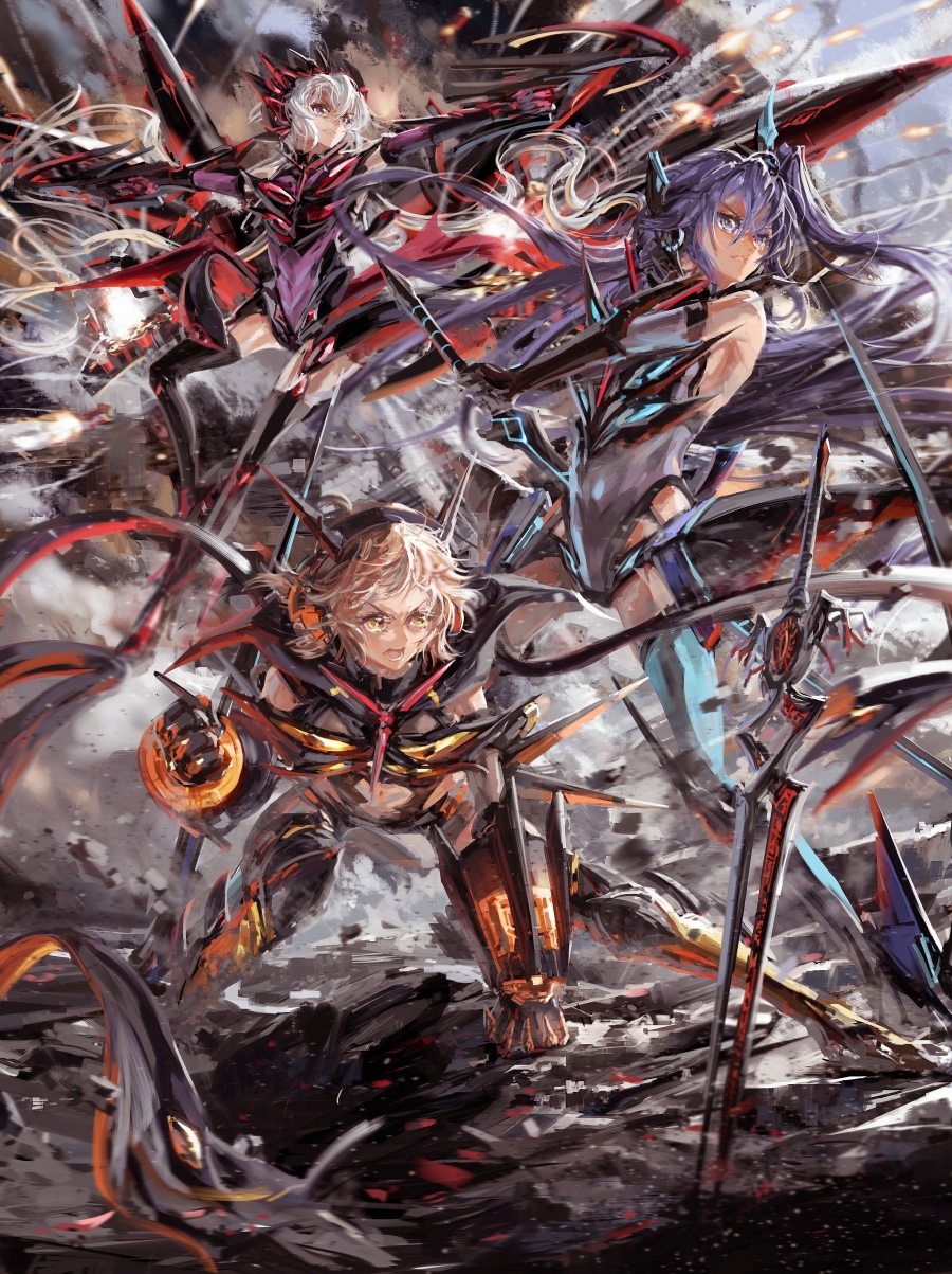 3girls, bodysuit, bow_(weapon), brown_eyes, brown_hair, clenched_hand, crossbow, dainsleif_(senki_zesshou_symphogear)