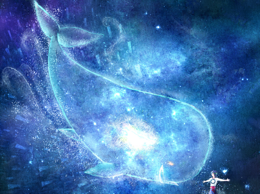 1boy, bakemono_no_ko, blue, blue_hair, glowing, highres, ichirouhiko, kyuuta_(bakemono_no_ko), long_sleeves, male_focus, outstretched_arms, spoilers, spread_arms, teko_(10xxtekoxx11), whale