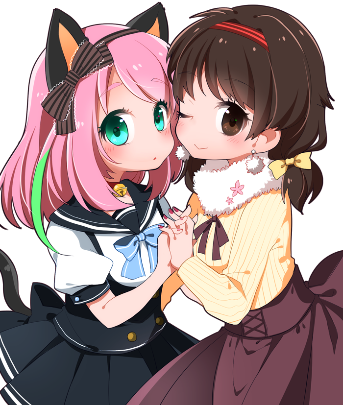 2girls, ;>, animal_ears, aqua_eyes, bangs, bell, bell_choker, blue_bowtie