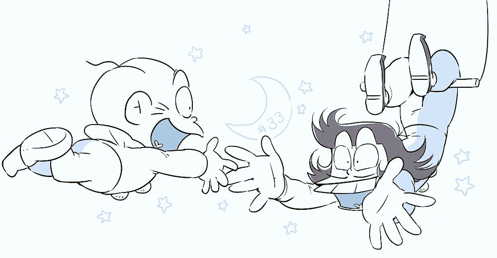 2boys, age_difference, bald, buck_teeth, chibita, child, crescent_moon, facial_hair