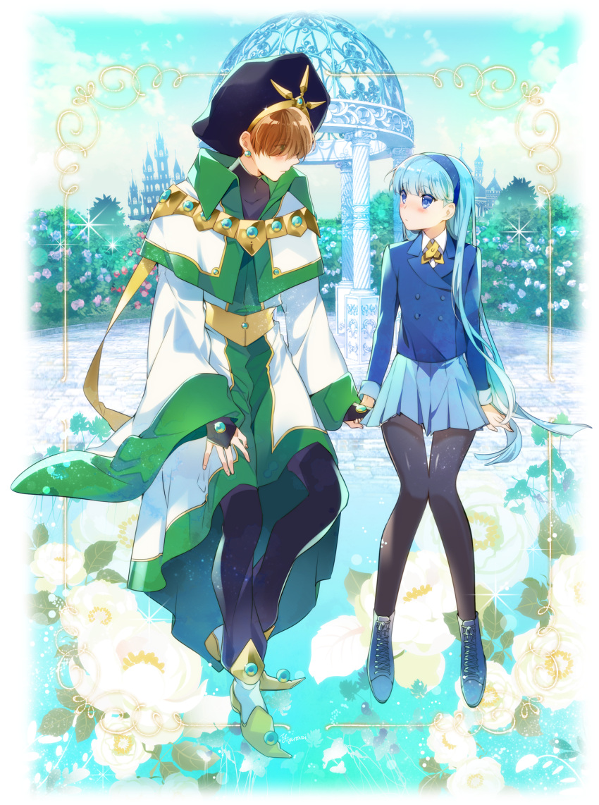 1boy, 1girl, ascot_(rayearth), bangs, black_pants, blazer, blue_eyes, blue_footwear