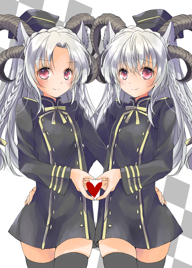 2girls, animal_ears, black_legwear, braid, hair_between_eyes, hand_on_another's_hip, hat, heart