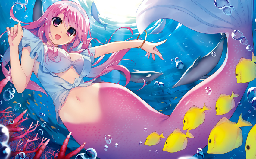 1girl, air_bubble, bangle, bracelet, bubble, coral, coral_reef, dolphin
