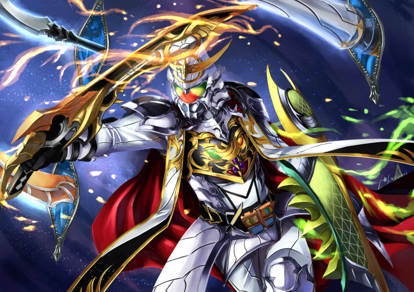 1boy, absurdres, adapted_costume, alternate_costume, armor, belt, cape, dj_gun