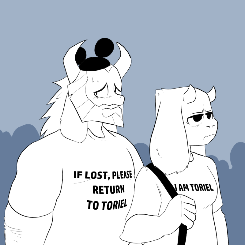 1boy, 1girl, asgore_dreemurr, bag, bags_under_eyes, beard, clothes_writing, crowd