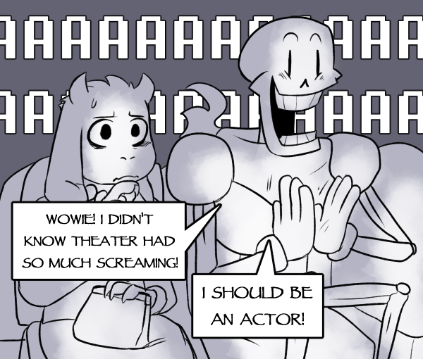 1boy, 1girl, bag, bags_under_eyes, black_eyes, chair, clapping, comic, commentary, english, finger_to_mouth, handbag, horns, jewelry, koalacola, monochrome, monster_girl, necklace, papyrus_(undertale), pearl_necklace, scarf, screaming, skeleton, smile, sweatdrop, theater, toriel, undertale