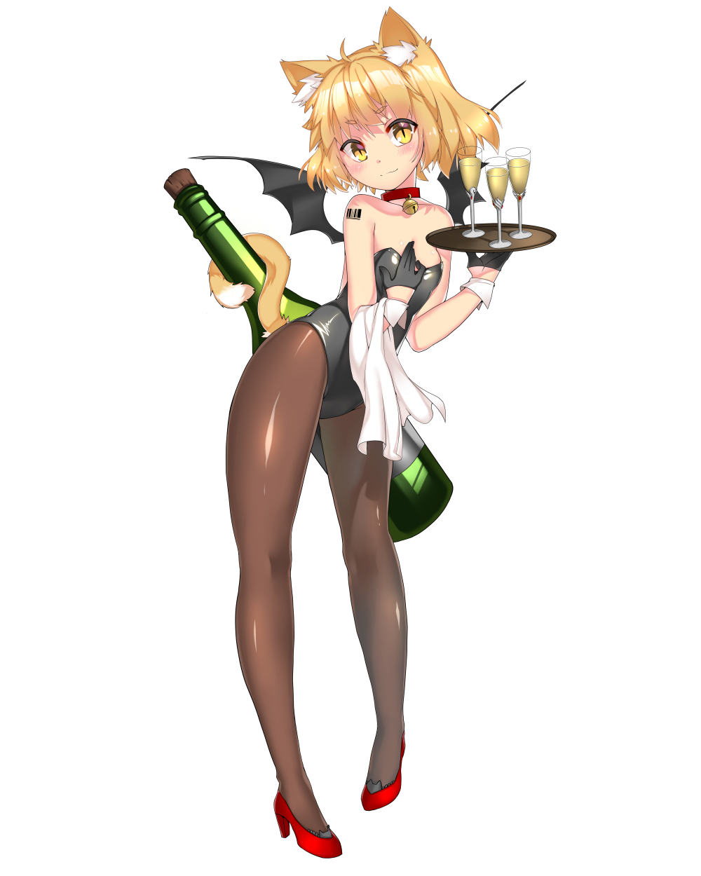 1girl, alcohol, animal_ears, bare_shoulders, bat_wings, bell, black_gloves, black_legwear