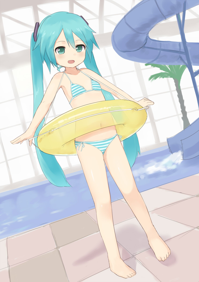1girl, barefoot, bikini, flat_chest, green_eyes, green_hair, hatsune_miku, highres