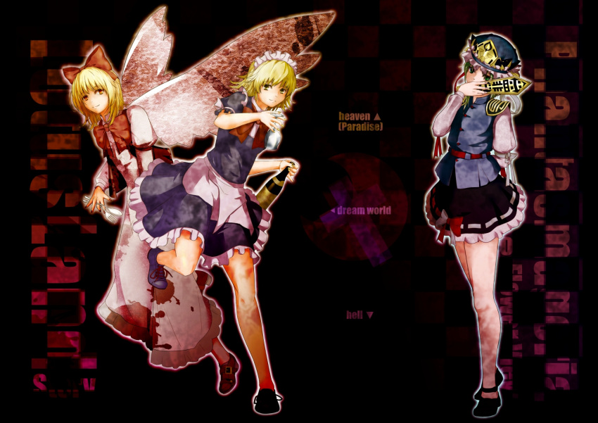 3girls, apron, arm_behind_back, arm_ribbon, black_shoes, black_skirt, blonde_hair, blood