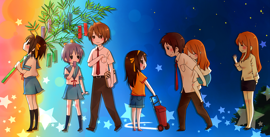 asahina_mikuru_(adult), asahina_mikuru_(big), bamboo, carrying, koizumi_itsuki, kyon, moffunnyo, nagato_yuki