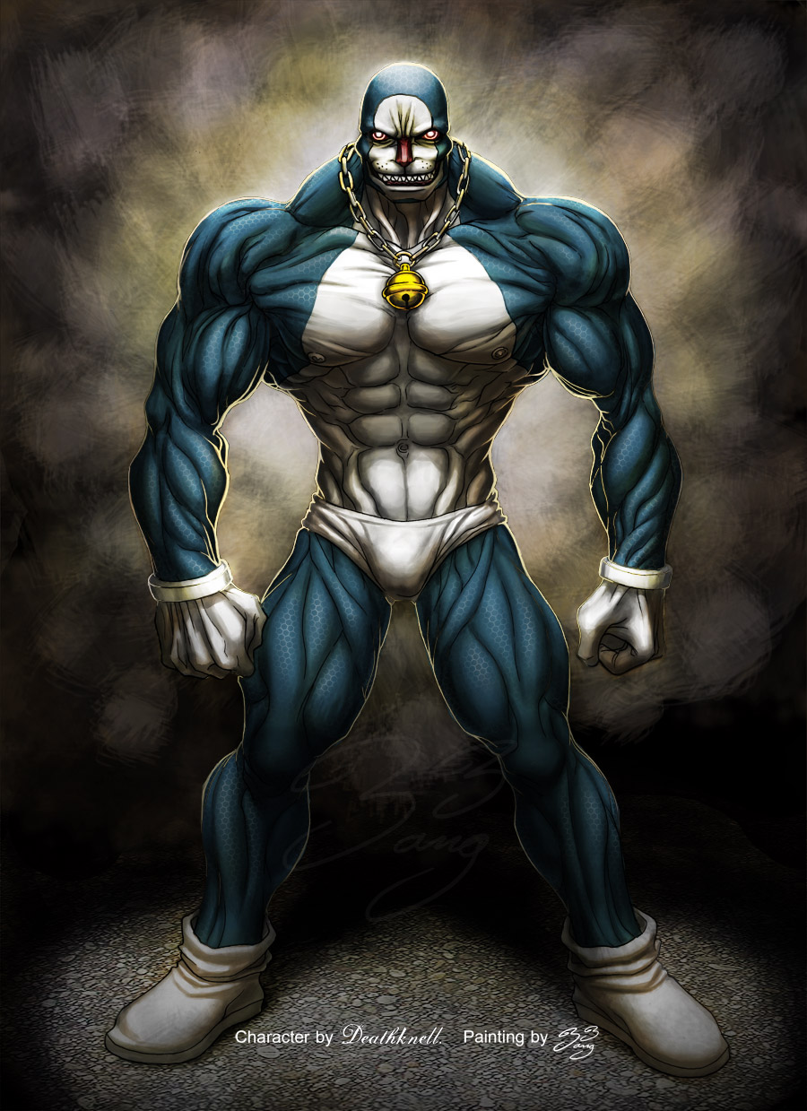 1boy, abs, artist_name, bangzam, bell, briefs, chain, chain_necklace, deathknell, doraemon, doraemon_(character), full_body, gloves, grin, highres, jingle_bell, muscle, red_eyes, sharp_teeth, shirtless, shoes, signature, smile, underwear, white_gloves, white_shoes