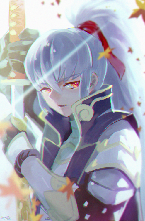 1boy, fire_emblem, fire_emblem_fates, gauntlets, gloves, katana, leaf, long_hair