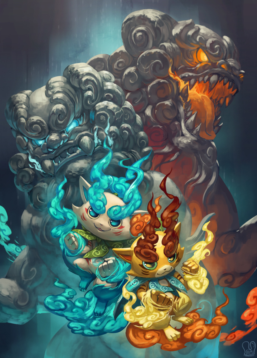 abbreviated_karakusa, artist_name, brothers, clenched_hands, fangs, furoshiki, glowing, glowing_eyes