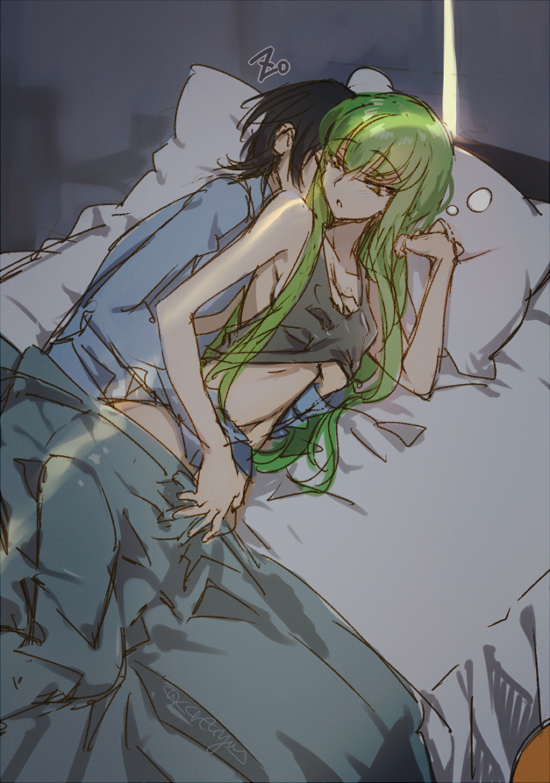 1boy, 1girl, bed, black_hair, c.c., code_geass, creayus, green_hair