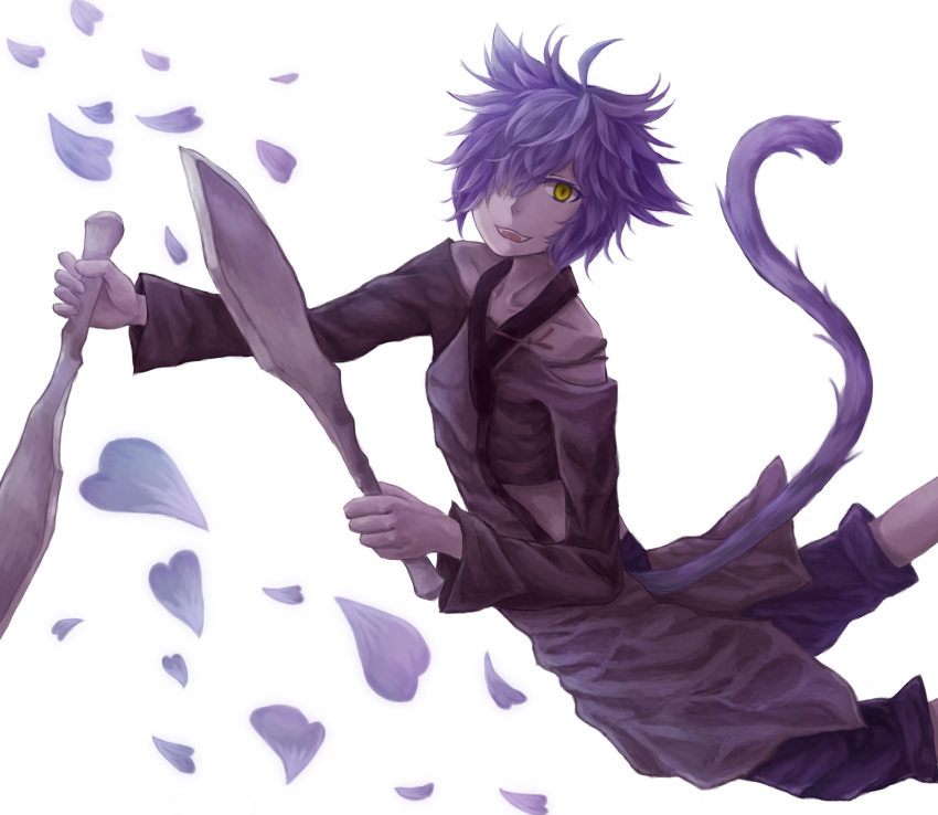 1boy, absurdres, ahoge, blue_hair, cat_tail, hair_over_one_eye, hans_humpty, highres