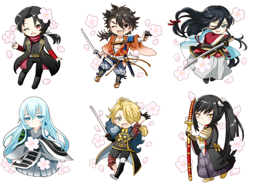6+boys, ;d, armor, black_hair, blonde_hair, blue_eyes, blue_hair, brown_hair, cherry_blossoms, chibi, fumuke_aka, grey_eyes, gun, handgun, izumi-no-kami_kanesada, japanese_armor, japanese_clothes, kashuu_kiyomitsu, katana, kousetsu_samonji, male_focus, mole, mole_under_mouth, multiple_boys, mutsu-no-kami_yoshiyuki, one_eye_closed, ootachi, open_mouth, petals, ponytail, red_eyes, scarf, shishiou, shishiou_no_mofumofu, smile, sode, sword, tarou_tachi, touken_ranbu, weapon, yellow_eyes