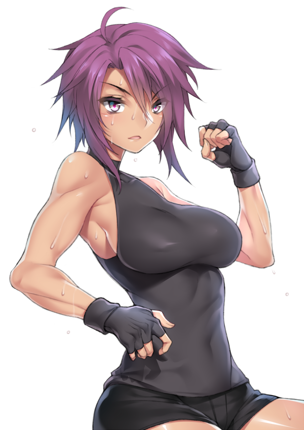 1girl, breasts, dripping, fingerless_gloves, flying_sweatdrops, fuya_(tempupupu), gloves, halterneck