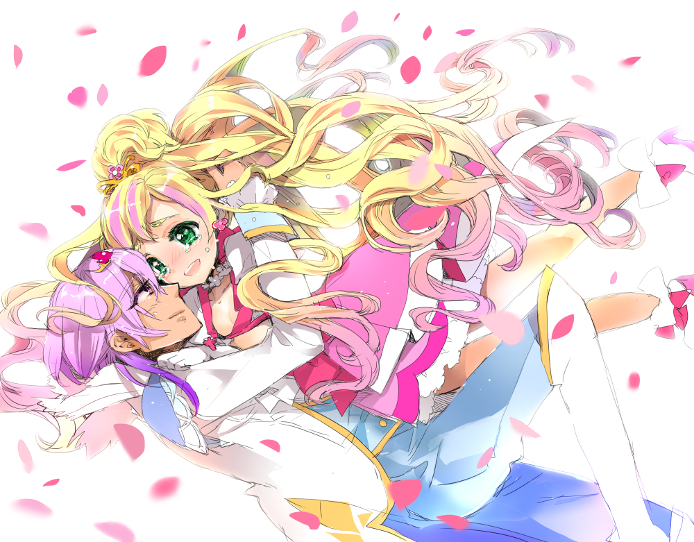 1boy, 1girl, blonde_hair, boots, choker, commentary_request, couple, cure_flora