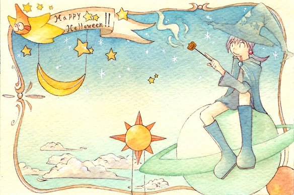 cloak, cloud, clouds, engrish, halloween, hat, hoshimaru, knee_boots