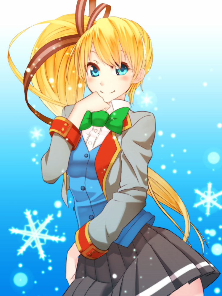 1girl, blonde_hair, blue_eyes, blush, long_hair, looking_at_viewer, shironeko_project, side_ponytail