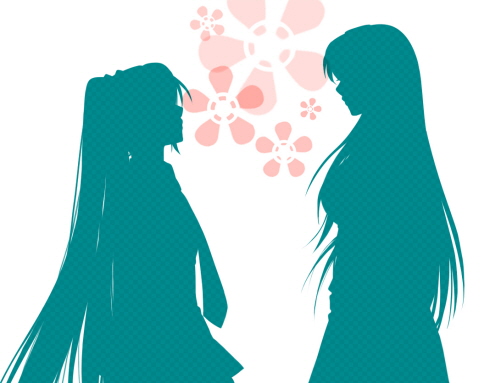 chibiru, hatsune_miku, long_hair, lowres, megurine_luka, multiple_girls, necktie, one_more_kiss, one_more_kiss_(vocaloid), silhouette, very_long_hair, vocaloid