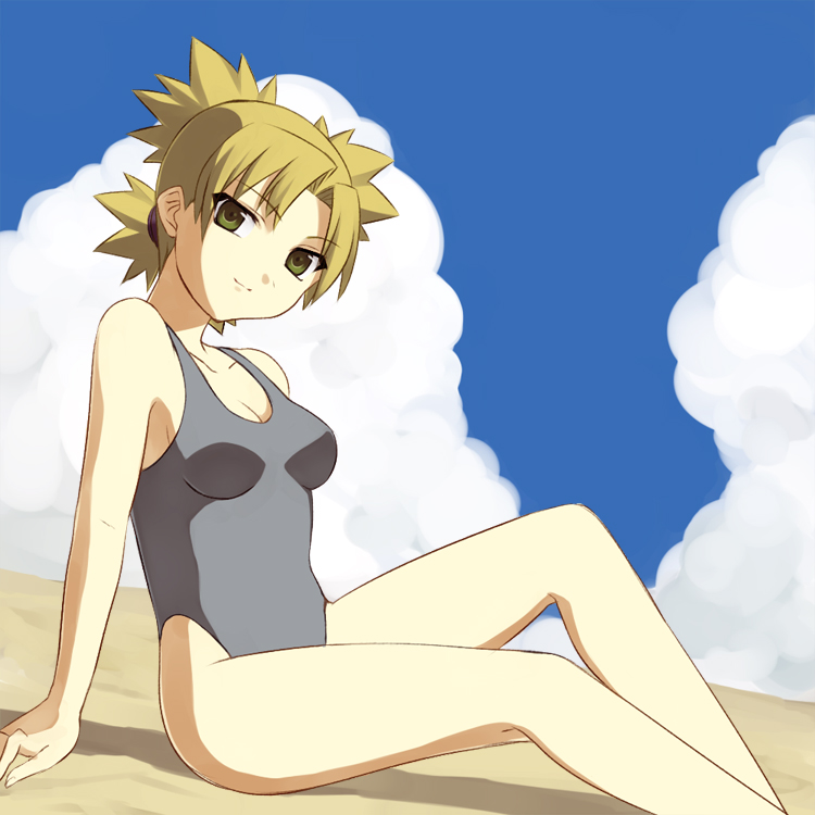 brown_hair, green_eyes, ichii_(pixiv), naruto, one-piece, one-piece_swimsuit, quad_tails, short_hair