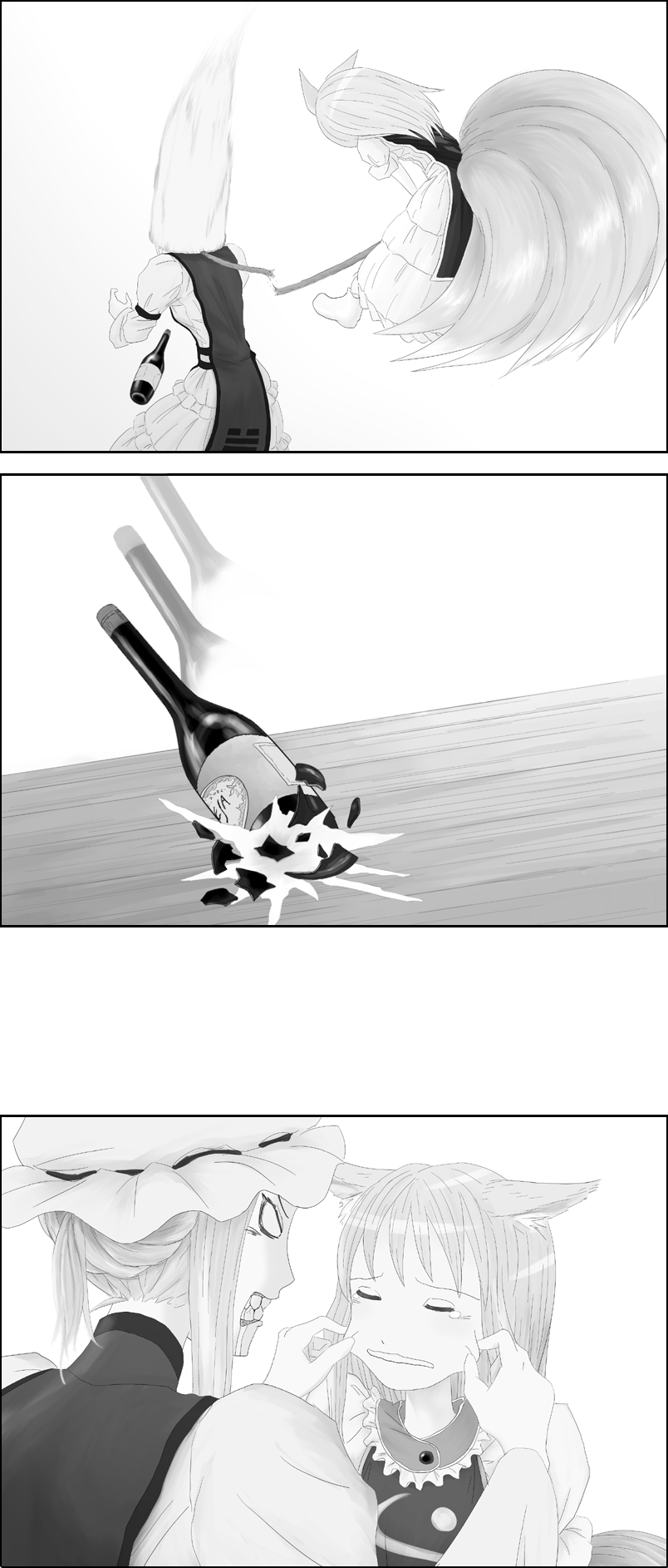 3koma, angry, animal_ears, bad_id, bottle, butterfly_net, cheek_pinch, cheek_pinching