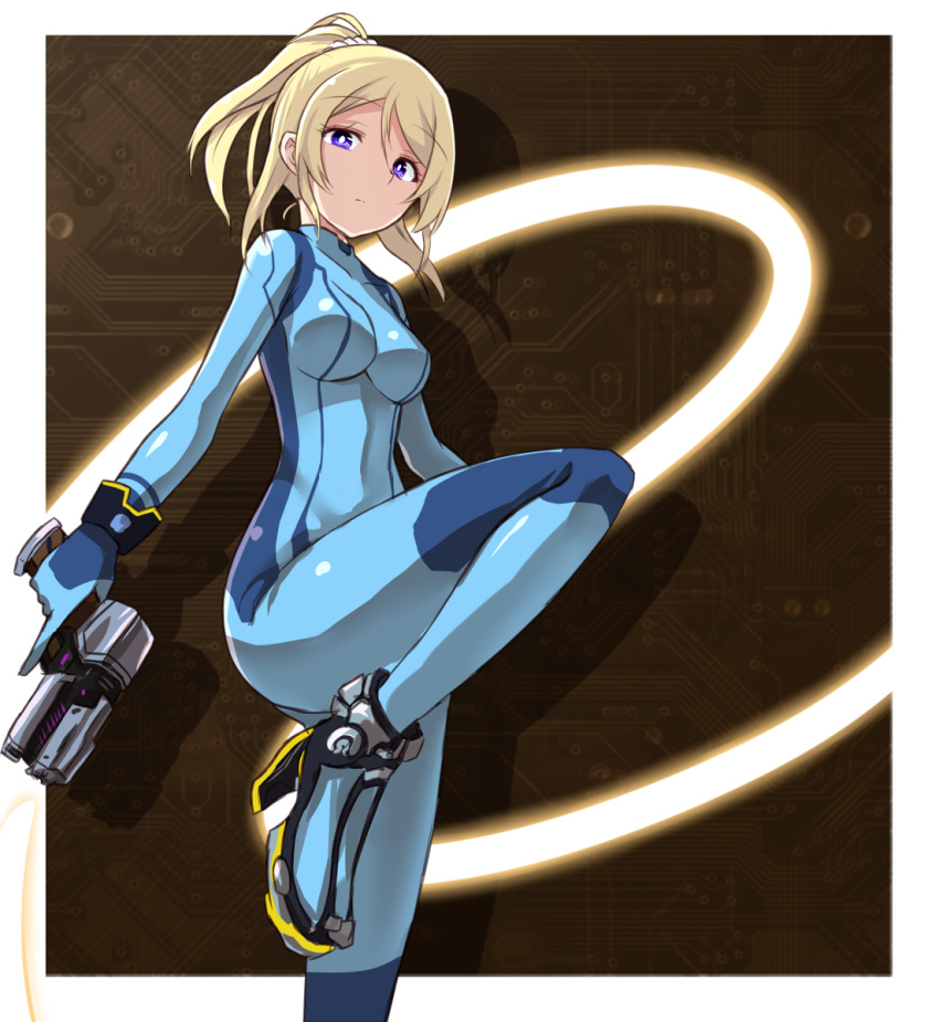 1girl, ayase_eli, blue_eyes, bodysuit, commentary, cosplay, expressionless, gun