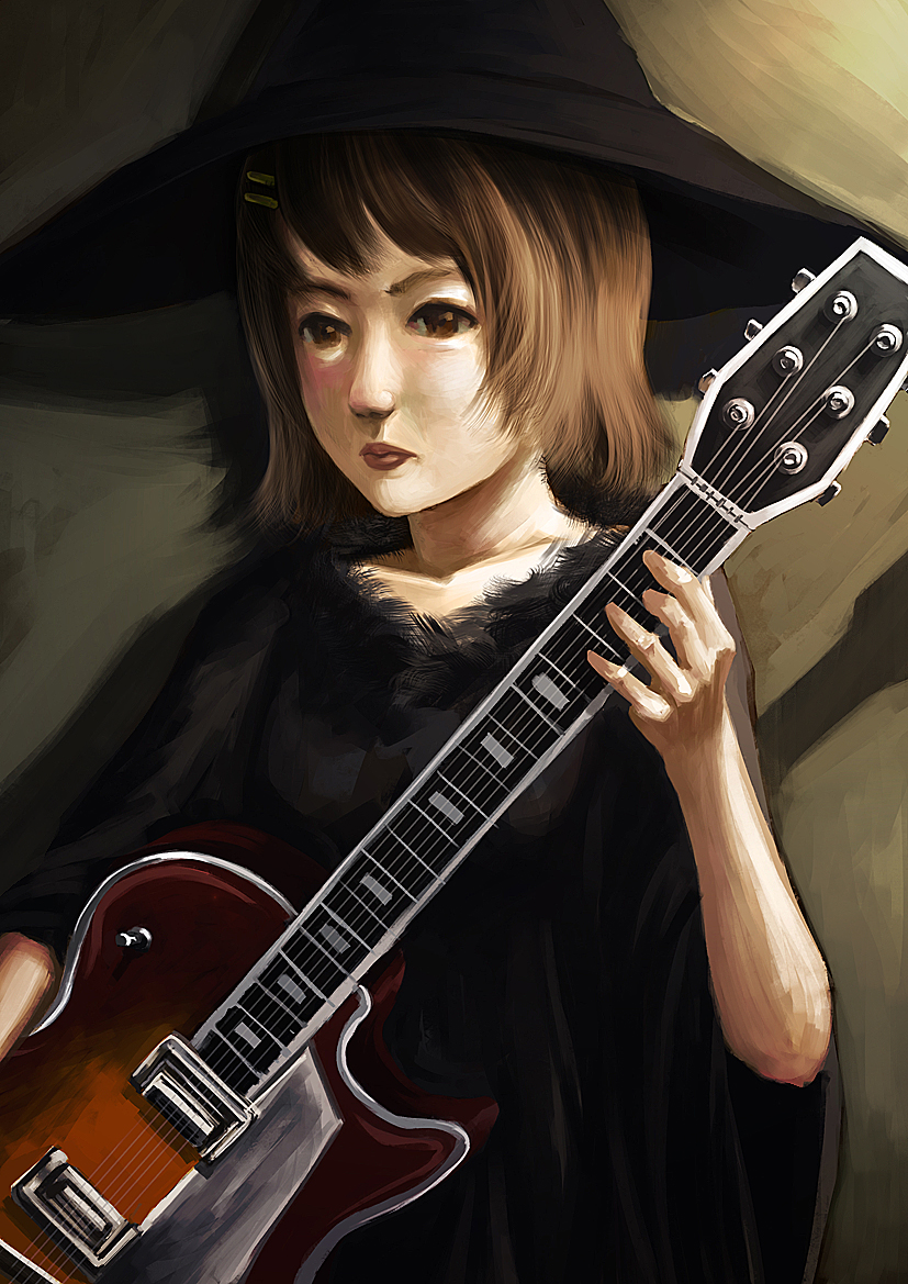 brown_eyes, brown_hair, faux_traditional_media, guitar, hat, hirasawa_yui, instrument, k-on!