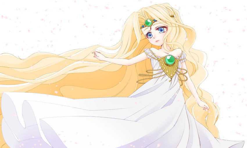 1girl, absurdly_long_hair, bare_shoulders, blonde_hair, blue_eyes, circlet, dress, emeraude_(rayearth), gem, long_hair, magic_knight_rayearth, nabeko_(pixiv2128292), parted_lips, pearl, petals, solo, very_long_hair, white_dress, wind