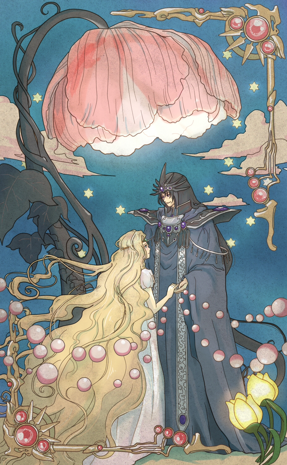 1boy, 1girl, absurdly_long_hair, armor, black_hair, blonde_hair, cape, circlet, clouds, emeraude_(rayearth), flower, frame, guriko_(pixiv229226), hair_ornament, height_difference, highres, holding_hands, leaf, long_hair, looking_at_another, magic_knight_rayearth, pearl, spoilers, very_long_hair, vines, zagato_(rayearth)