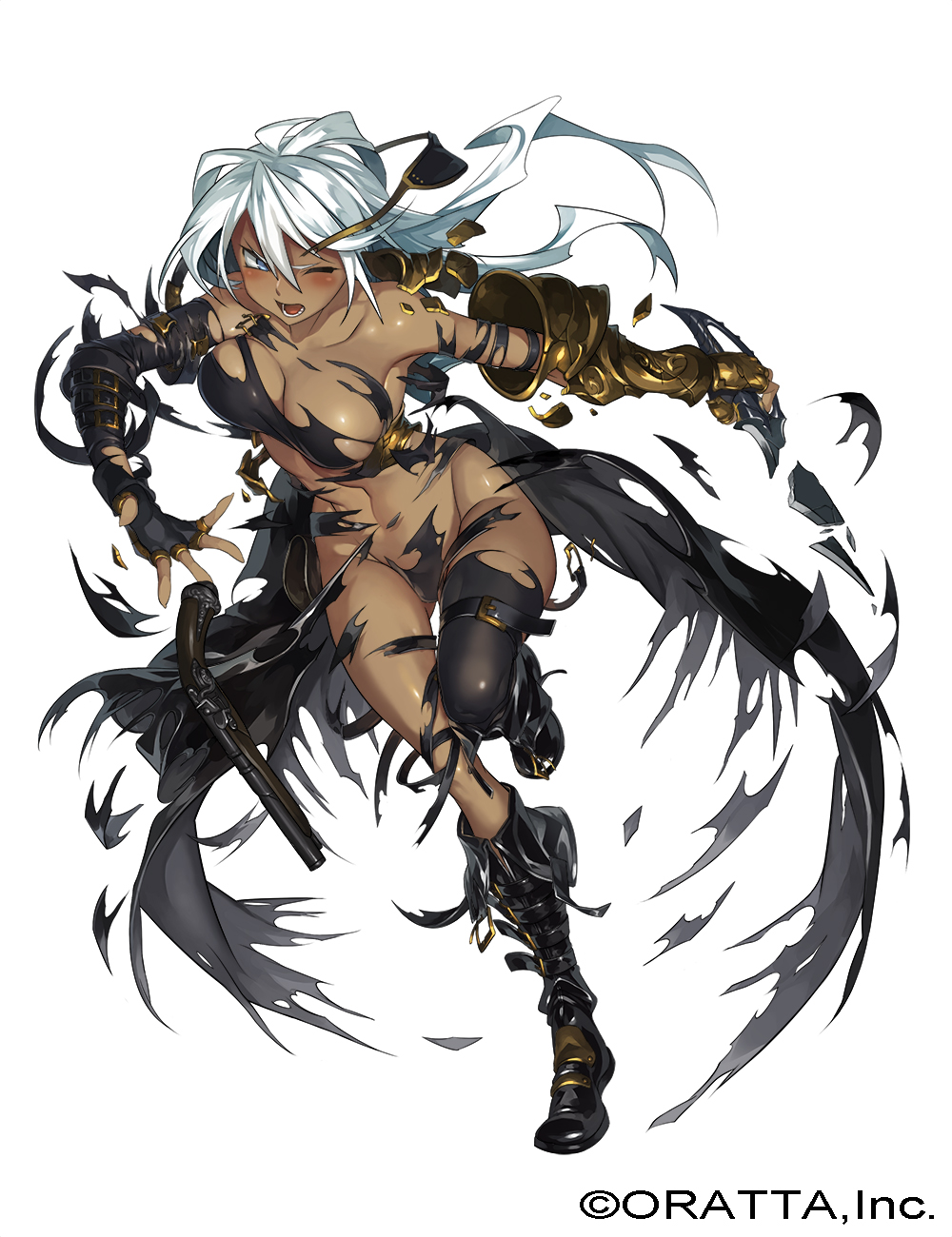 1girl, arm_belt, armor, azuki_(azuki-taste), black_gloves, black_legwear, blue_eyes, blush