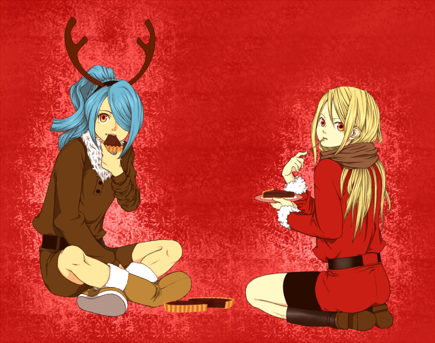 2boys, afuro_terumi, androgynous, animal_costume, antlers, blonde_hair, blue_hair, boots