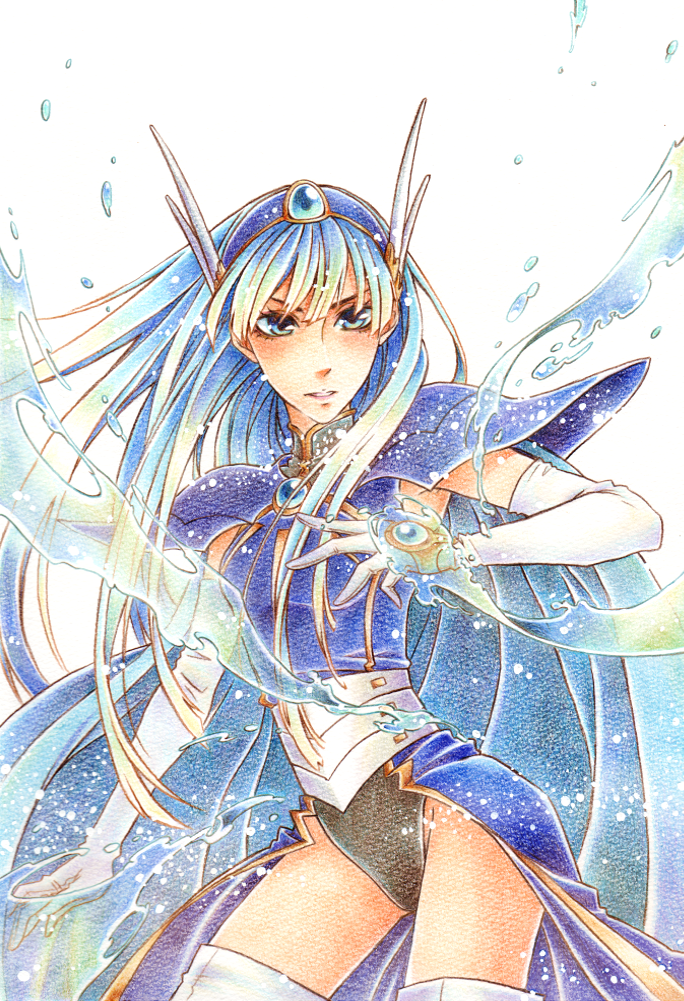 1girl, armor, blue_eyes, blue_hair, colored_pencil_(medium), cowboy_shot, elbow_gloves, gem, gloves, hair_ornament, hairband, jigoro_(mig60gummy), leotard, long_hair, magic_knight_rayearth, ryuuzaki_umi, solo, traditional_media, water, white_gloves