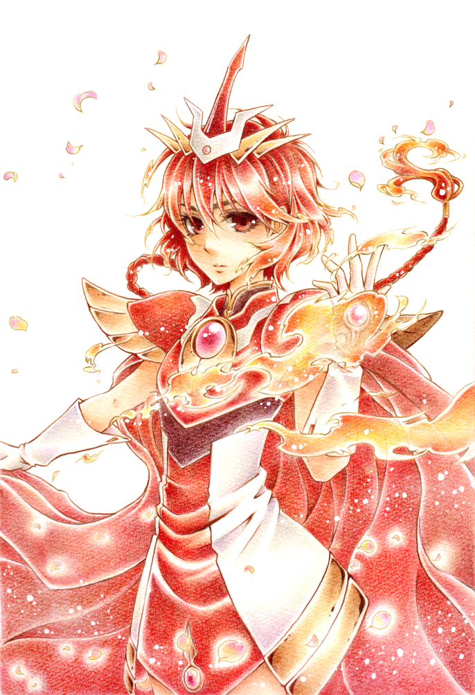 1girl, armor, braid, cape, colored_pencil_(medium), elbow_gloves, fire, flame, gem, gloves, hair_ornament, jigoro_(mig60gummy), long_hair, looking_at_viewer, magic_knight_rayearth, petals, red_cape, red_eyes, redhead, serious, shidou_hikaru, single_braid, solo, traditional_media, white_background, white_gloves