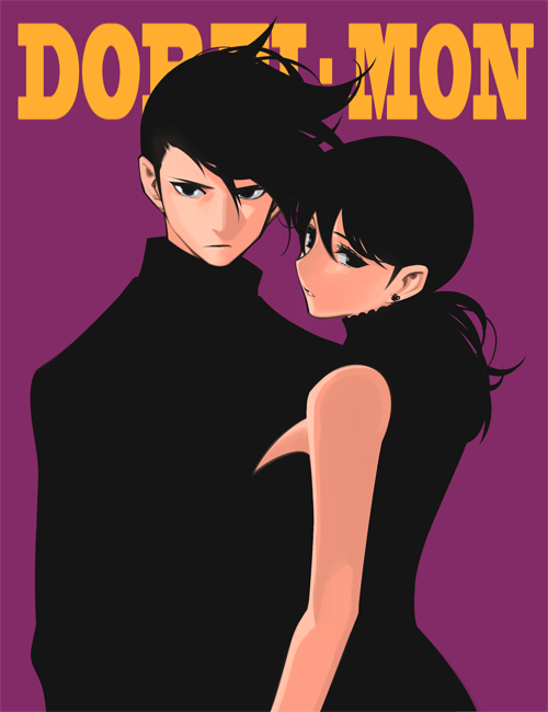 1boy, 1girl, black_dress, black_eyes, black_hair, doraemon, dress, earrings, honekawa_suneo, jewelry, long_hair, minamoto_shizuka, pop_kyun, short_hair, turtleneck