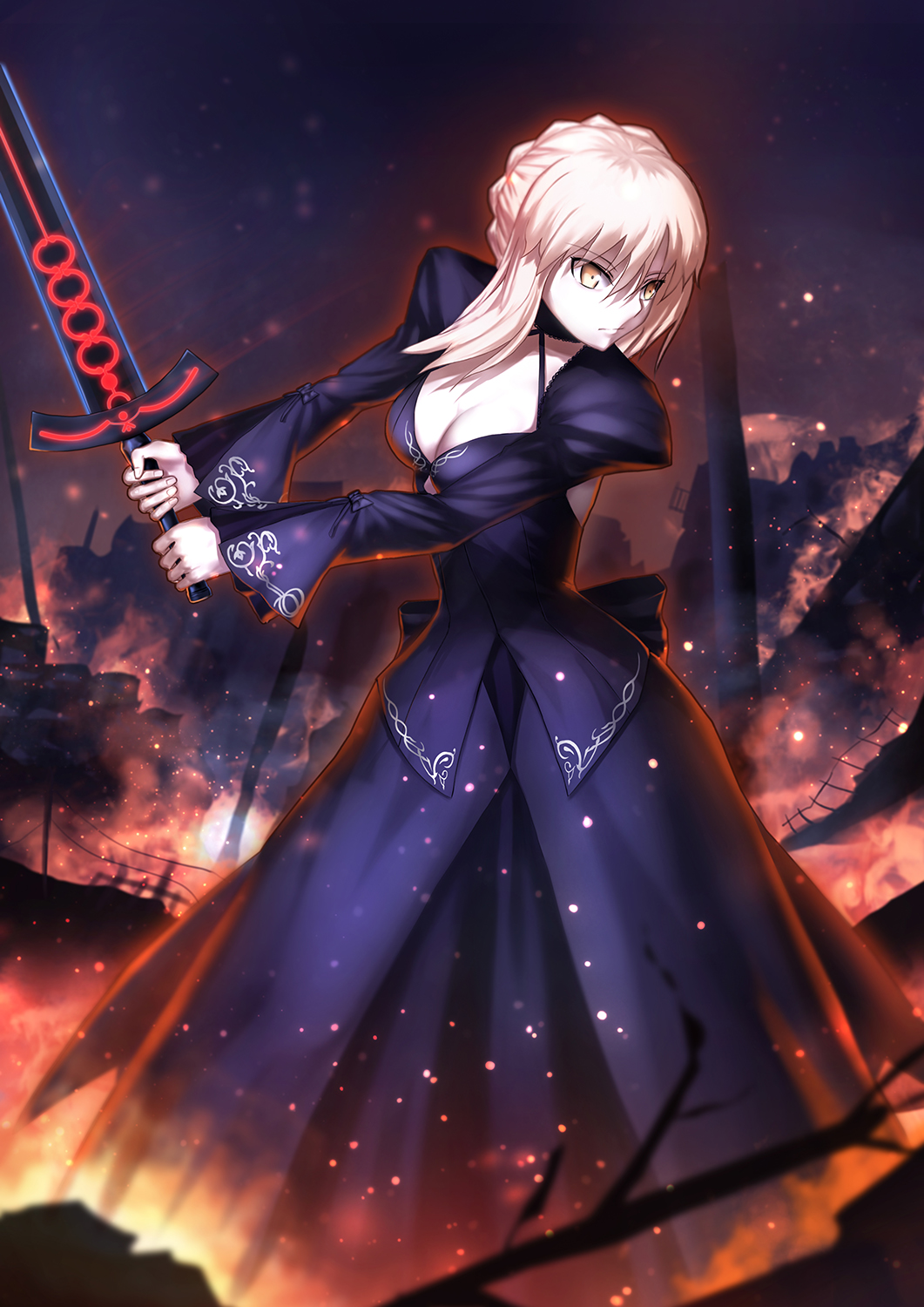 1girl, black_dress, blonde_hair, breasts, cleavage, dark_excalibur, dress, fate/grand_order