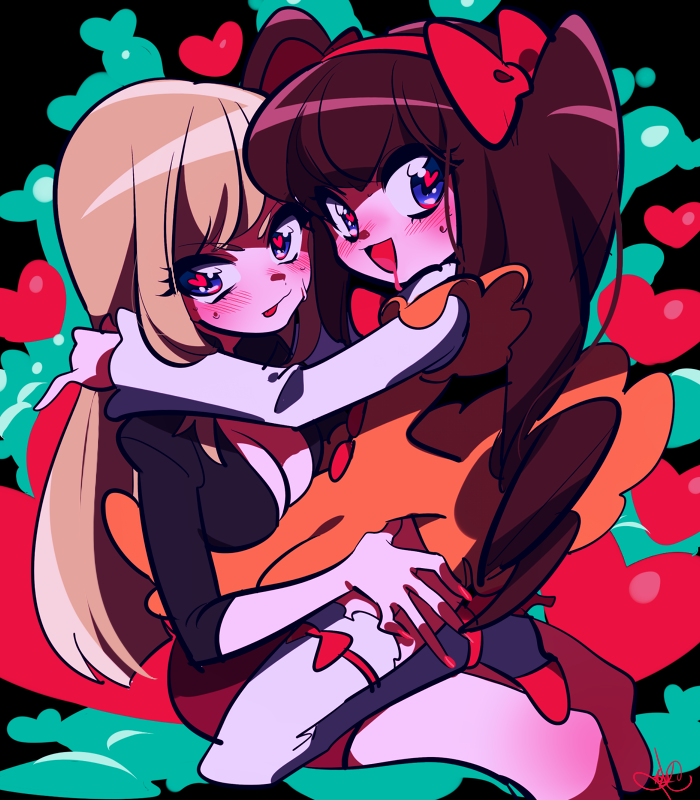 2girls, bangs, blonde_hair, blunt_bangs, breasts, brown_hair, center_frills, chibimi, chibita, cleavage, dress, genderswap, hairband, heart, heart-shaped_pupils, height_difference, iyami, iyayo, karabako, long_hair, multiple_girls, osomatsu-san, signature, sitting, sitting_on_lap, sitting_on_person, symbol-shaped_pupils, thigh-highs, twintails