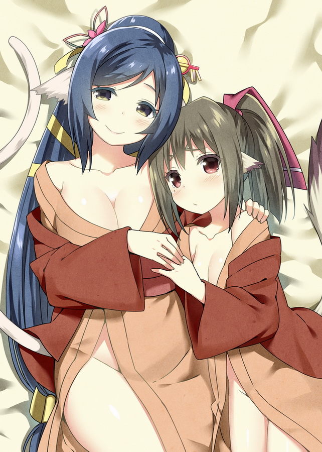 2girls, animal_ears, arm_around_shoulder, bed_sheet, black_hair, blush, breasts, brown_eyes