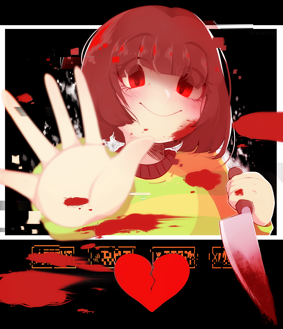 androgynous, blood, bloody_knife, bloody_weapon, blushily, broken_heart, brown_hair, chara_(undertale), empty_eyes, eyebrows, eyebrows_visible_through_hair, eyes_visible_through_hair, fourth_wall, gameplay_mechanics, glitch, knife, reaching_out, red_eyes, smile, solo, spoilers, tagme, undertale, weapon