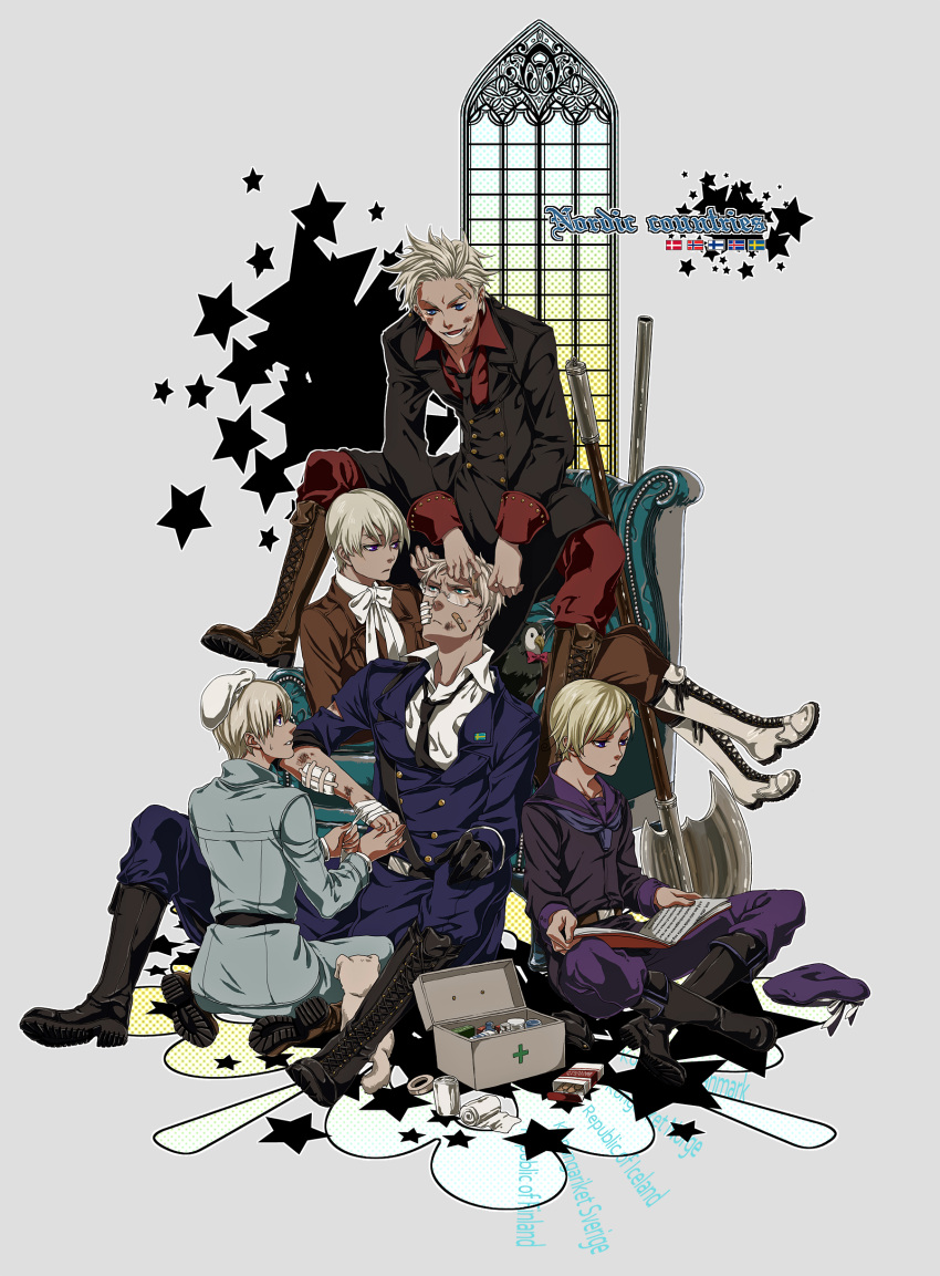 absurdres, axis_powers_hetalia, bandage, bandages, blonde_hair, blood, book, boots